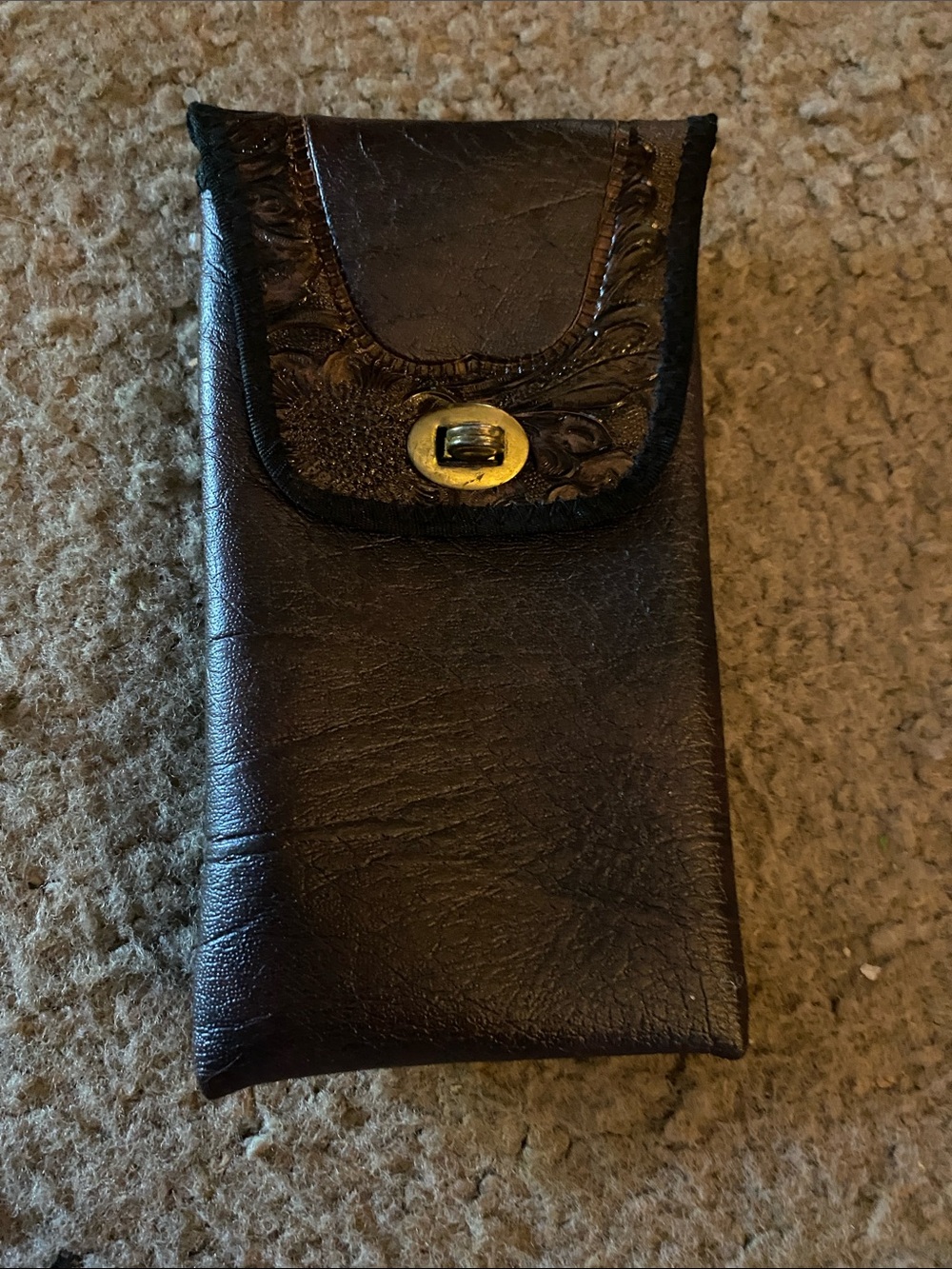 Classic Brown Leather Phone Pouch/Eyeglass Case with Gold-Tone Turn Lock